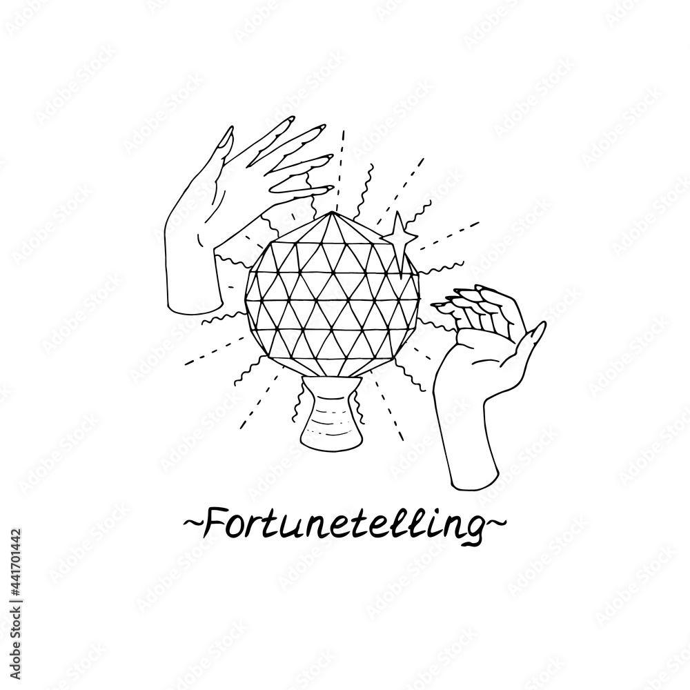 Line art illustration of hand drawn witch hands holding crystal ball. Lettering text fortunetelling. Isolated on white background. Line art illustration of hand drawn witch hands holding crystal ball. Lettering text fortunetelling. Isolated on white background.