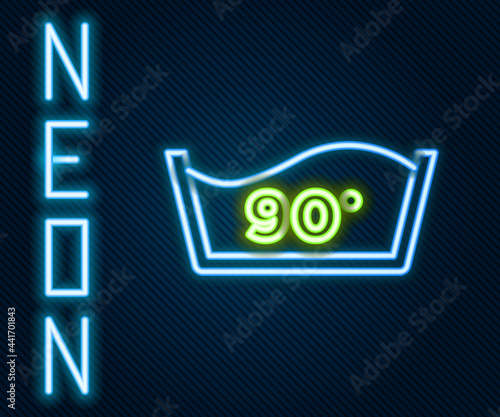 Glowing neon line Washing under 90 degrees celsius icon isolated on black background. Temperature wash. Colorful outline concept. Vector