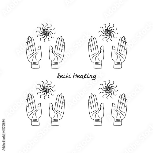 Line art illustration of hand drawn female hands with light rays. Lettering text Reiki healing. Isolated on white background.