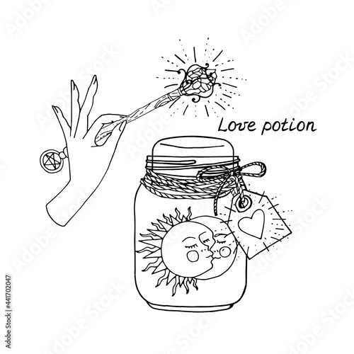 Line art monochrome illustration of hand drawn kissing sun and moon in mason jar. Witch hand holding magic wand. Lettering text love potion. Isolated on white background.