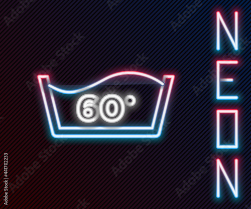 Glowing neon line Washing under 60 degrees celsius icon isolated on black background. Temperature wash. Colorful outline concept. Vector