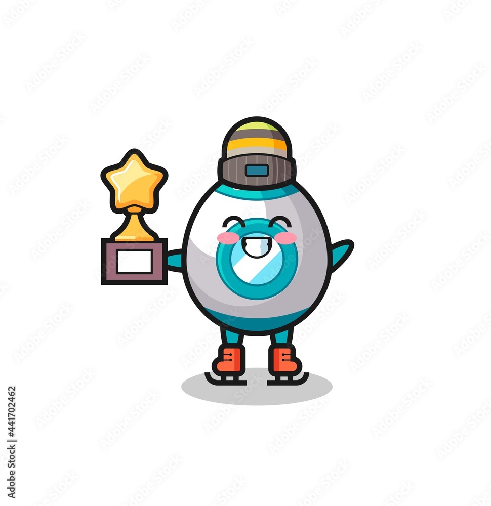 rocket cartoon as an ice skating player hold winner trophy