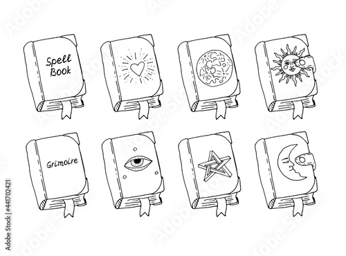Line art illustration of hand drawn magic books. Spell books set. Isolated on white background.