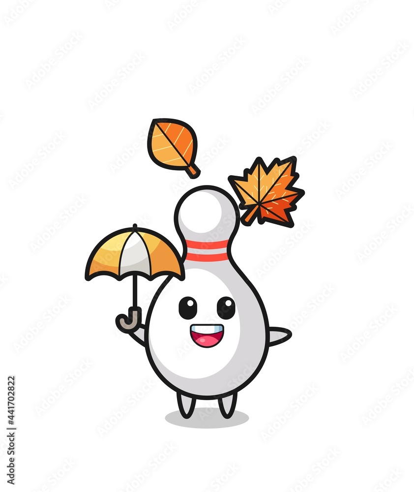 cartoon of the cute bowling pin holding an umbrella in autumn