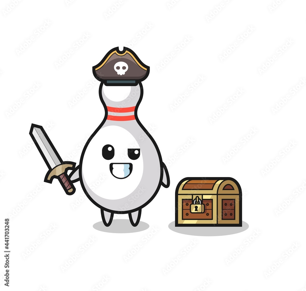 the bowling pin pirate character holding sword beside a treasure box