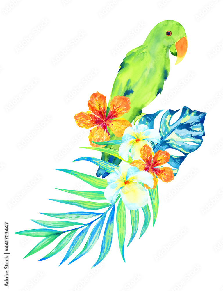 Fototapeta premium Tropical summer watercolor illustration with green parrot, palm leaves and exotic flowers. 