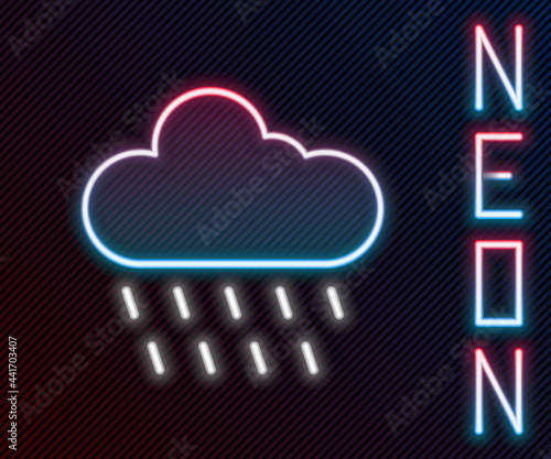 Glowing neon line Cloud with rain icon isolated on black background. Rain cloud precipitation with rain drops. Colorful outline concept. Vector