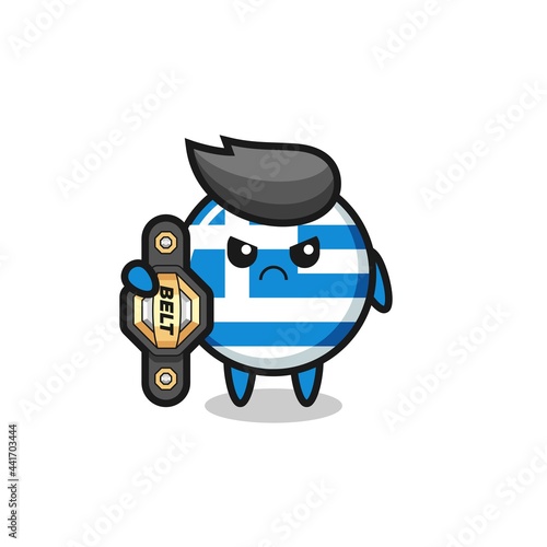 greece flag mascot character as a MMA fighter with the champion belt