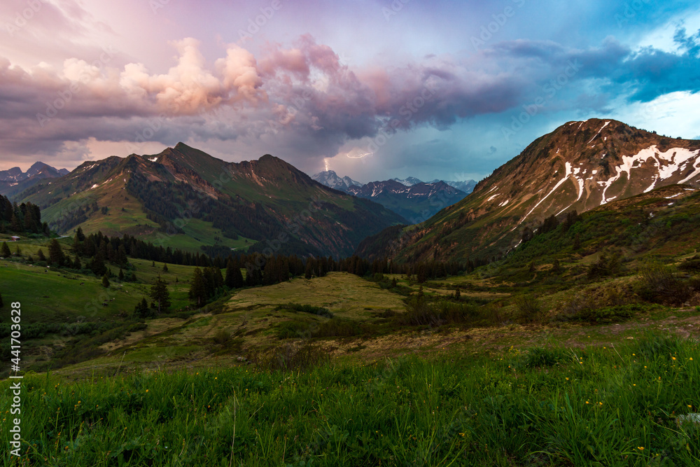 Beautiful mountain hike near Damuels along the Hochblanken ridge in Austria