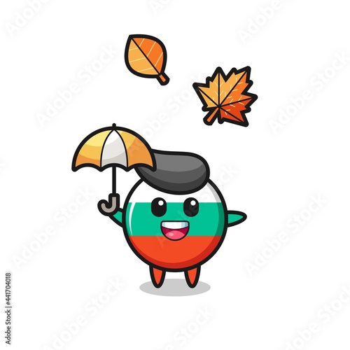 cartoon of the cute bulgaria flag badge holding an umbrella in autumn