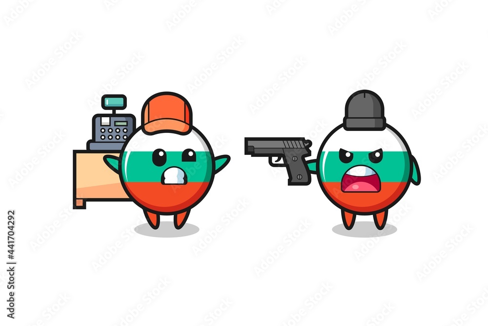 Naklejka premium illustration of the cute bulgaria flag badge as a cashier is pointed a gun by a robber