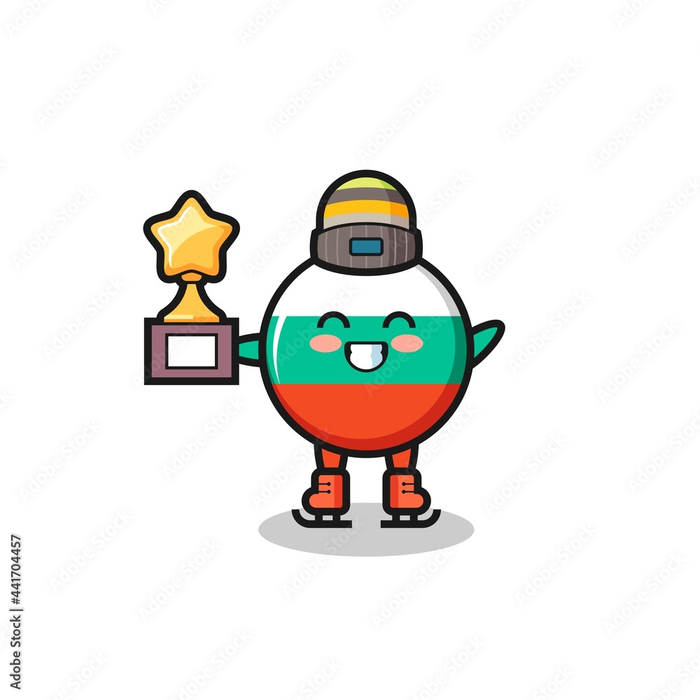 Fototapeta premium bulgaria flag badge cartoon as an ice skating player hold winner trophy