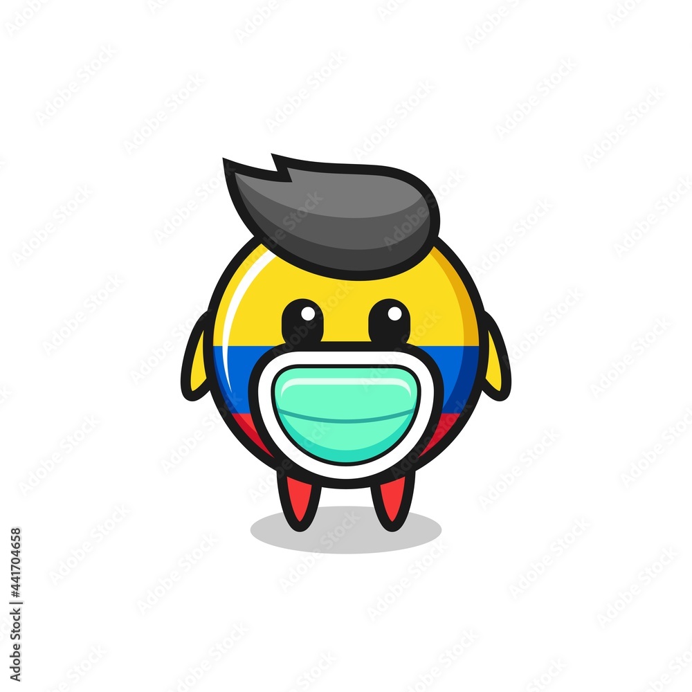 cute colombia flag badge cartoon wearing a mask