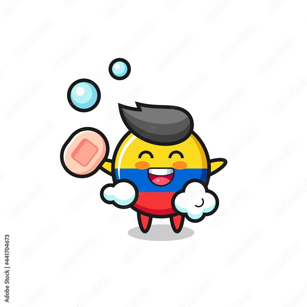 colombia flag badge character is bathing while holding soap