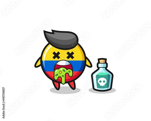 illustration of an colombia flag badge character vomiting due to poisoning