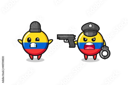 illustration of colombia flag badge robber with hands up pose caught by police