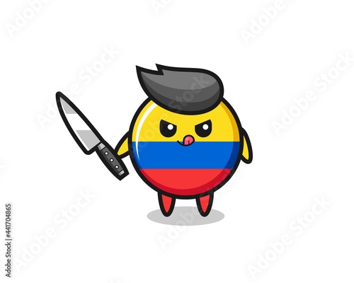 cute colombia flag badge mascot as a psychopath holding a knife