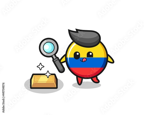 colombia flag badge character is checking the authenticity of the gold bullion