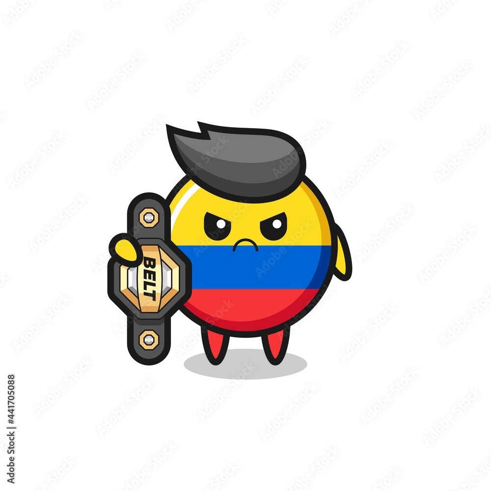 colombia flag badge mascot character as a MMA fighter with the champion belt colombia flag badge mascot character as a MMA fighter with the champion belt