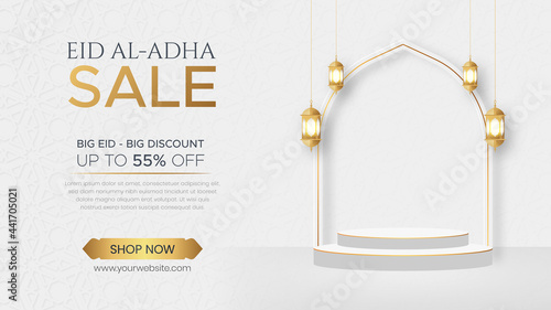 3D Product Display Podium Ramadan Kareem Sale Banner Islamic Ornament Lantern Background, Ramadan sale social media post with empty space for product
