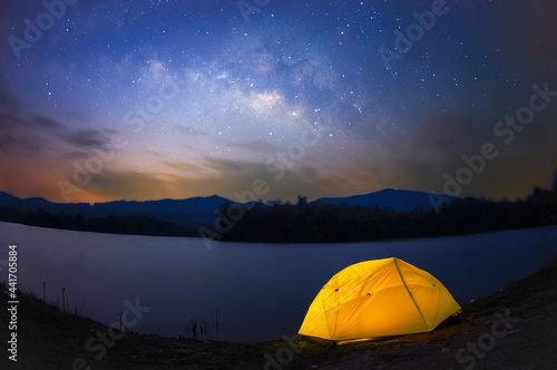 Yellow tent under Milky way