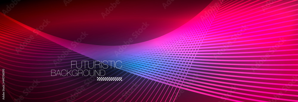 Abstract neon glowing light in the dark with waves. Shiny magic energy and motion concept, vector abstract wallpaper background Abstract neon glowing light in the dark with waves. Shiny magic energy and motion concept, vector abstract wallpaper background