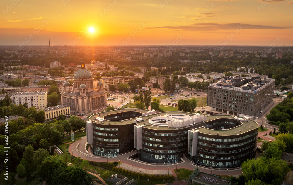 Obraz na płótnie Aerial view of city of  Lodz in Poland during sunset w salonie