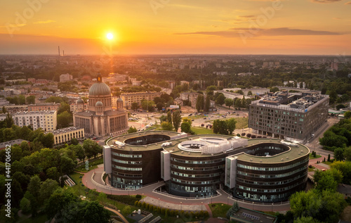Aerial view of city of  Lodz in Poland during sunset photo