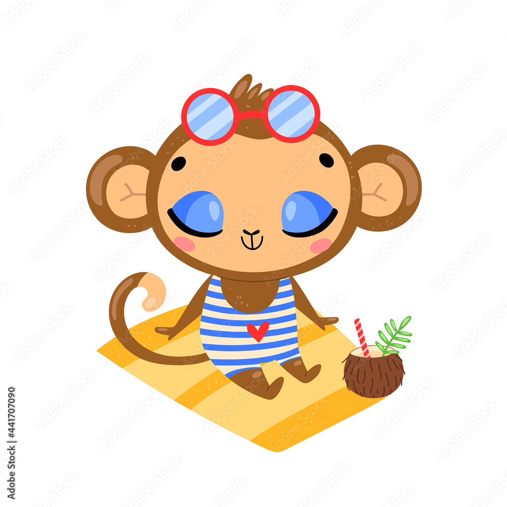 Flat doodle cute cartoon summer monkey sunbathing on the beach. Tropical jungle animals Flat doodle cute cartoon summer monkey sunbathing on the beach. Tropical jungle animals