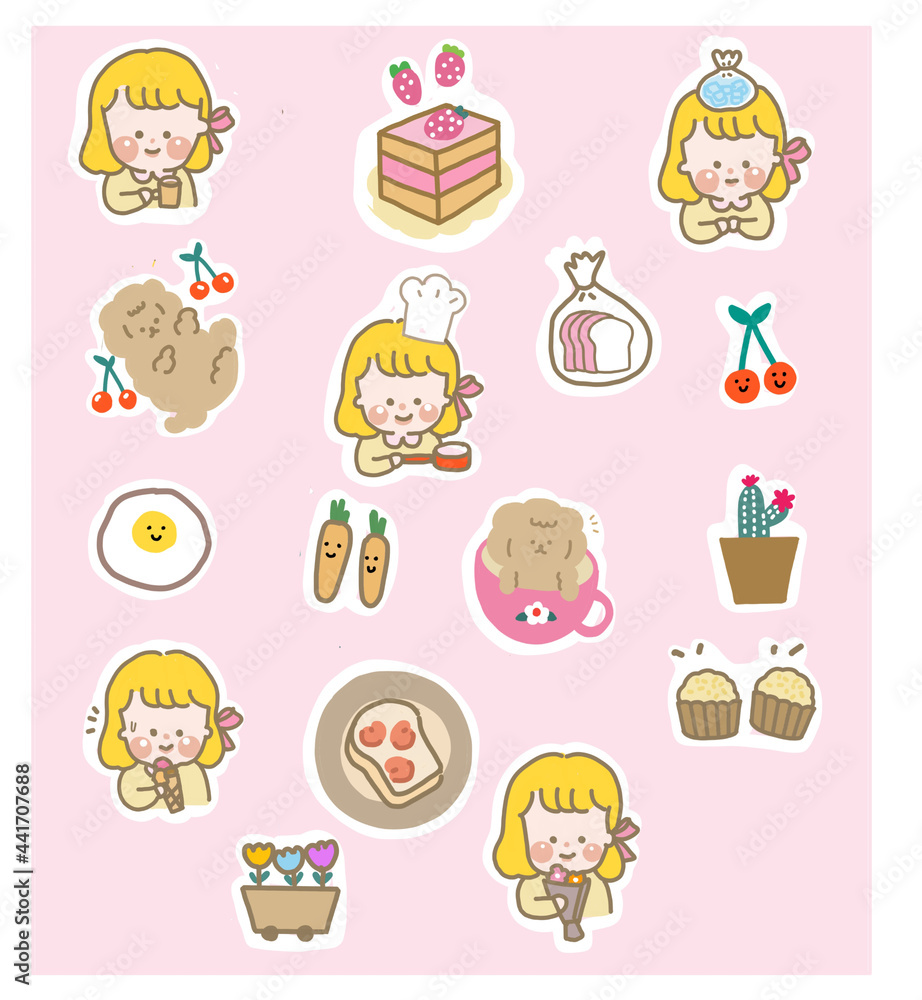 A blonde short haired girl is doing various things on the pink background along with her brown dog and her food A blonde short haired girl is doing various things on the pink background along with her brown dog and her food