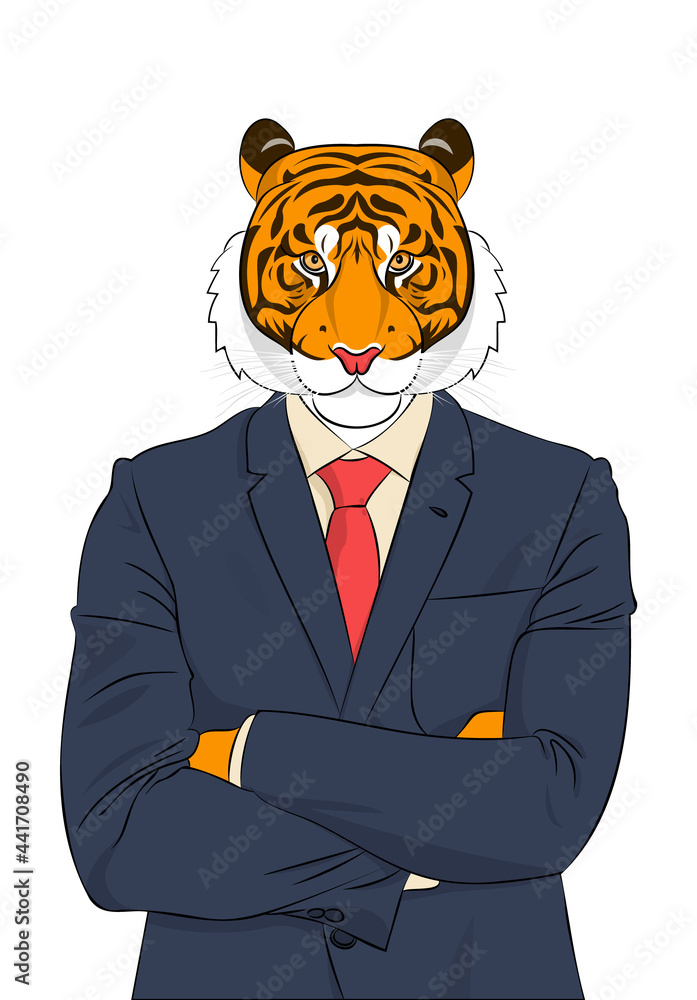 Serious tiger - a businessman in a business suit: shirt, jacket and tie,  stands with folded hands. Vector illustration Stock Vector | Adobe Stock