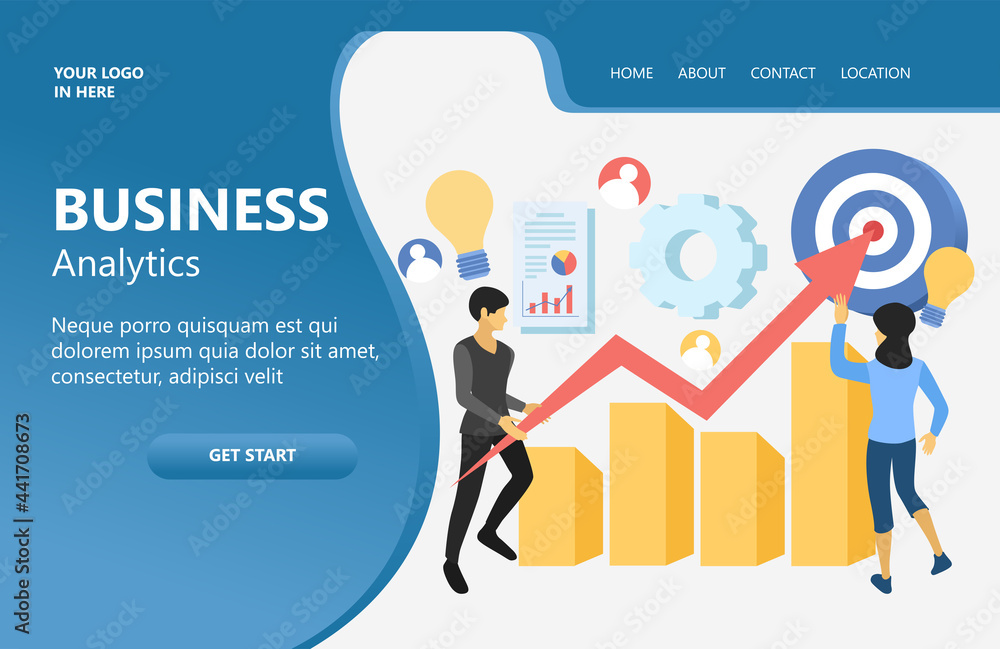 Illustration of a team of business workers, a man carries an arrow in front of the graph bars, then a woman makes the arrow point up to the target place. isometric vector illustration design concept Illustration of a team of business workers, a man carries an arrow in front of the graph bars, then a woman makes the arrow point up to the target place. isometric vector illustration design concept