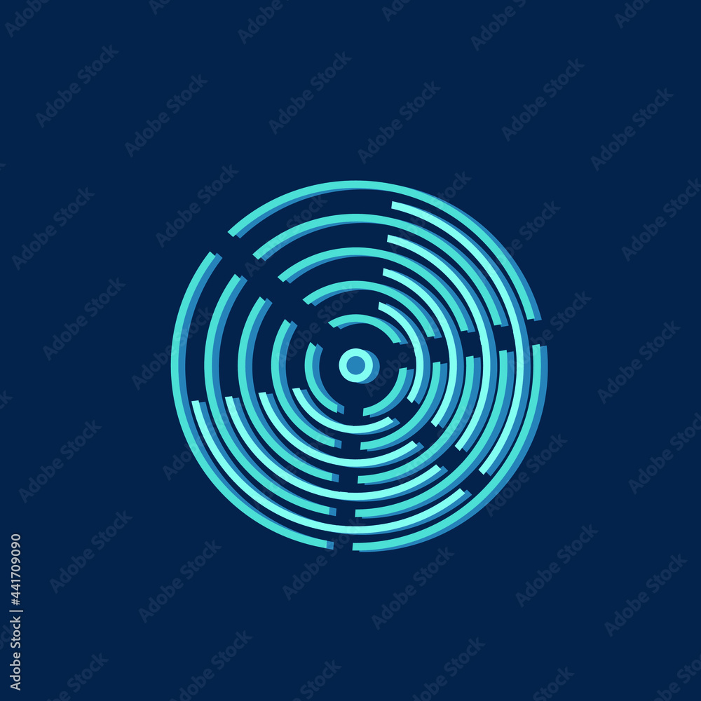 Circle logo.Modern, web, tech, geometric style icon isolated on dark background.Blue lines overlapping.Technology concept.Abstract circular movement.Security design. Circle logo.Modern, web, tech, geometric style icon isolated on dark background.Blue lines overlapping.Technology concept.Abstract circular movement.Security design.