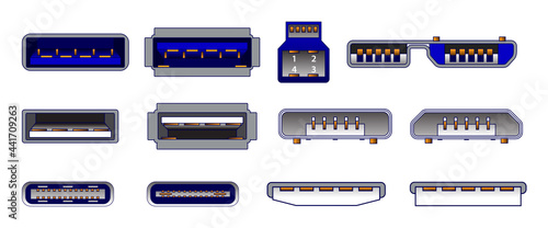 set of computer connectors or usb universal connector symbols or various usb plug connector mini micro lightning type concept. eps 10 vector, eps vector