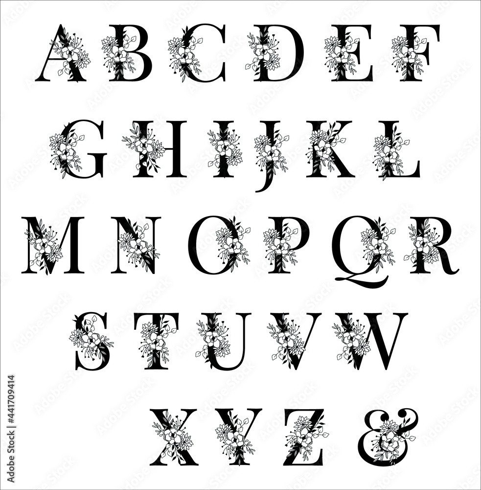 Floral Alphabet, Flower Letters Vector, decorative letters set Stock