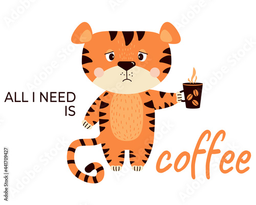 Bilde på lerret Sad, upset, Grumpy striped tiger with a cup of coffee