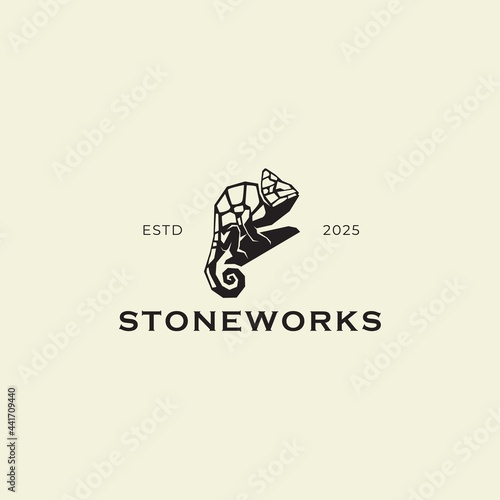 Vintage Classic Retro Chameleon Stone Works Logo Design. Mosaic Sculpture Chameleon Template Vector Creative For Pavement Masonry Exterior Installing Landscaping Construction Industry Company. 