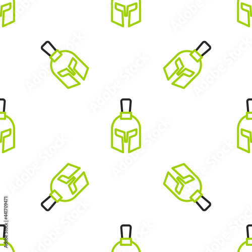 Line Greek helmet icon isolated seamless pattern on white background. Antiques helmet for head protection soldiers with a crest of feathers or horsehair. Vector