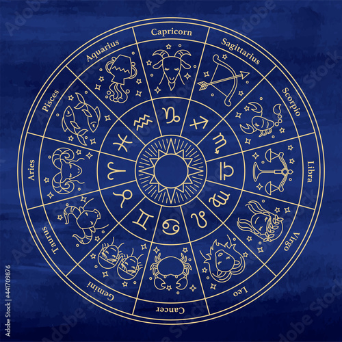 Horoscope Circle With Zodiac Signs. Watercolor Background ホロスコープ　水彩背景