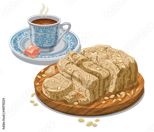 illustration of the halvah with seeds and traditional Turkish coffee