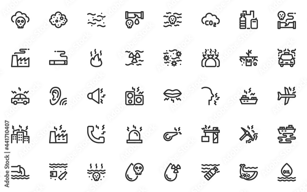 set of pollution line icons, water pollution, air pollution, noise pollution, conteminated, emission set of pollution line icons, water pollution, air pollution, noise pollution, conteminated, emission