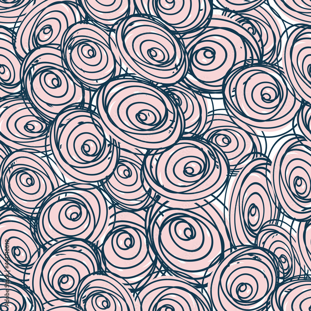 Seamless pattern with child doodle roses. Pattern with blue swirls on a pink and white backdrops. Can be used for textile prints, cards, wrapping paper. Vector illustration, eps 10.