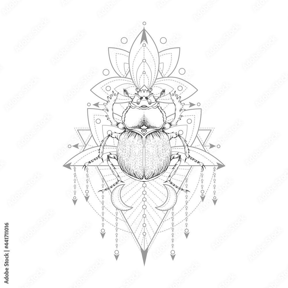 Vector illustration with hand drawn scarab and Sacred symbol on white background. Abstract mystic sign. Black linear shape. Vector illustration with hand drawn scarab and Sacred symbol on white background. Abstract mystic sign. Black linear shape.