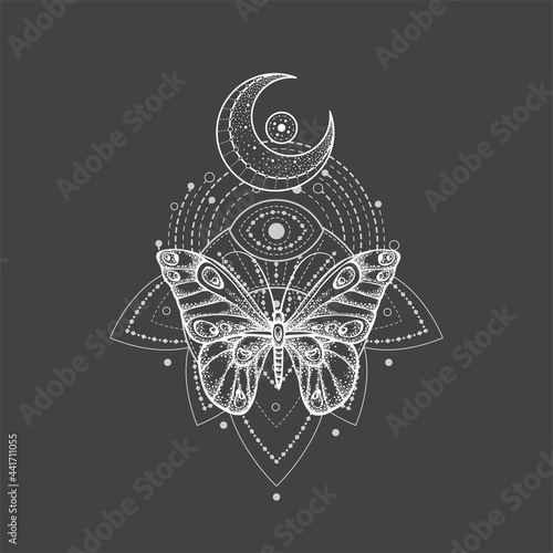 Vector illustration with hand drawn butterfly and Sacred geometric symbol on black background. Abstract mystic sign. White linear shape. 