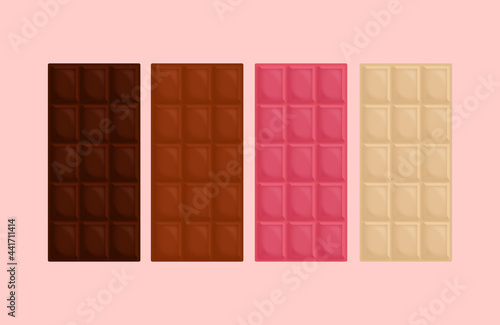 Set of classic chocolate bars of different tastes. Dark, milk, white and crimson, berry chocolate isolated. Organic production, chocolate bussines. Volumetric illustration
