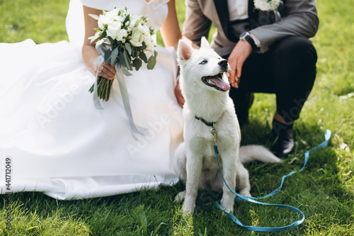 Fotografie Bride with groom with their dog on their wedding day