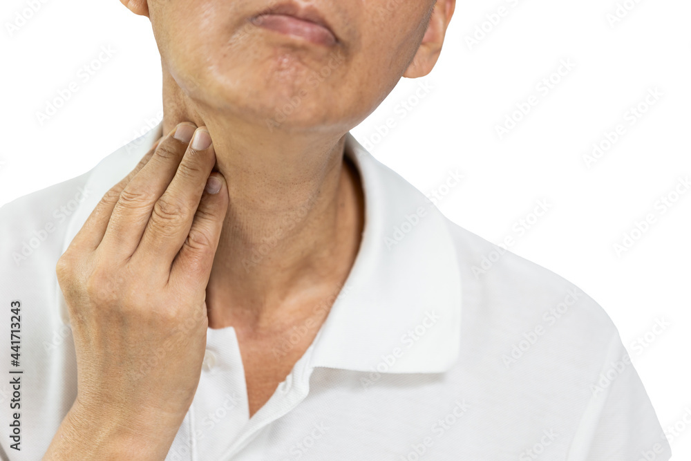 Fototapeta premium Hand of middle aged man was groping,checking the pain and swelling in the neck,sore throat and cough,thyroid nodule,lump in throat from tumor,thyroid cancer,inflammation of the lymph nodes,tonsillitis