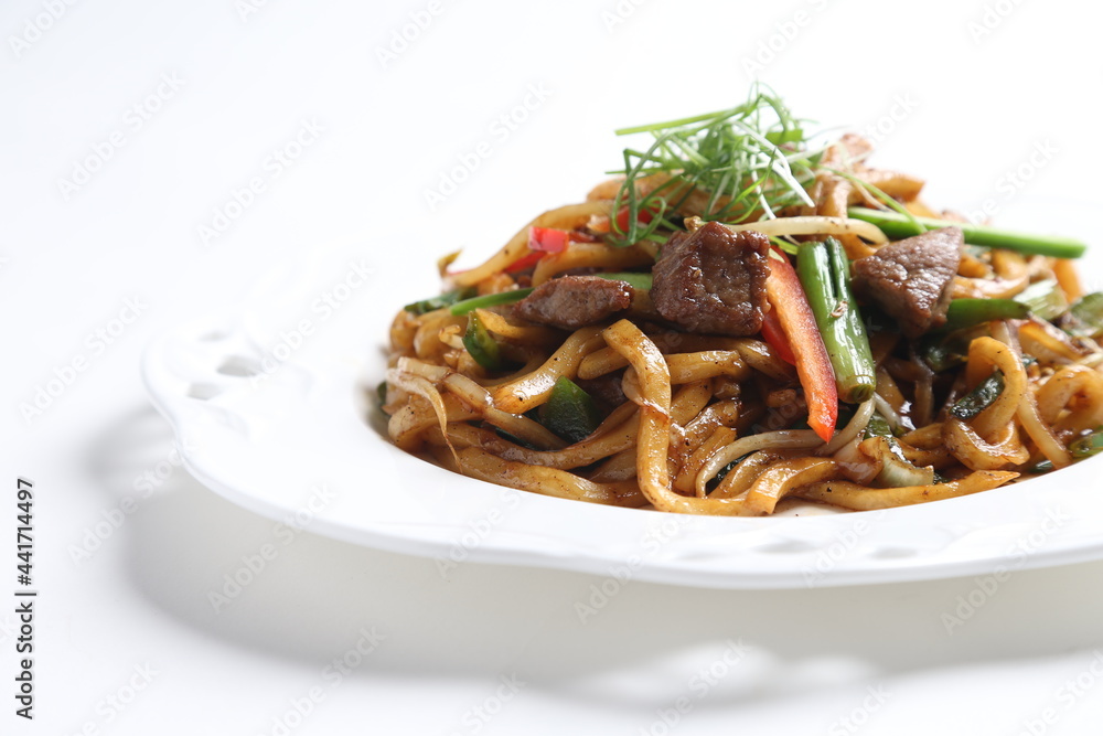 stir fried Japanese udon noodle mee in black pepper sauce with wagyu beef meat asian halal menu stir fried Japanese udon noodle mee in black pepper sauce with wagyu beef meat asian halal menu