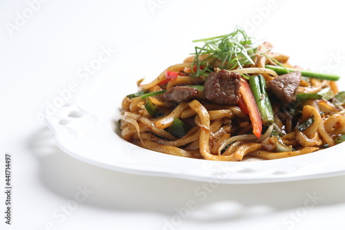 stir fried Japanese udon noodle mee in black pepper sauce with wagyu beef meat asian halal menu