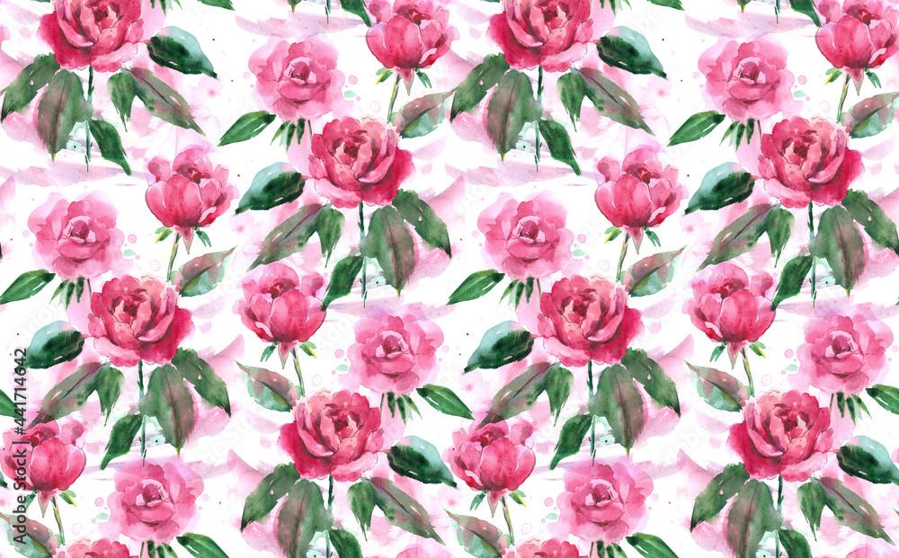 Bright watercolor fashionable pattern depicting  of beautiful pink rose  flowers on a white background.